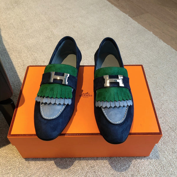 Royal Loafer Blue Mix Gren and Baby Blue Suede Calfskin With Fringe Detail And Silver Signature Buckle 509434