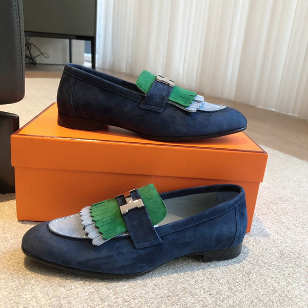 Royal Loafer Blue Mix Gren and Baby Blue Suede Calfskin With Fringe Detail And Silver Signature Buckle 509434