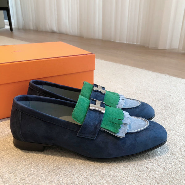 Royal Loafer Blue Mix Gren and Baby Blue Suede Calfskin With Fringe Detail And Silver Signature Buckle 509434