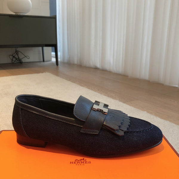Mocassino Royal in denim blu navy con frange e fibbia argentata con firma 509435