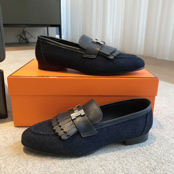 Mocassino Royal in denim blu navy con frange e fibbia argentata con firma 509435