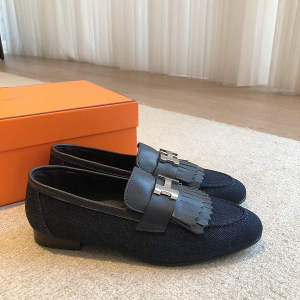 Mocassino Royal in denim blu navy con frange e fibbia argentata con firma 509435