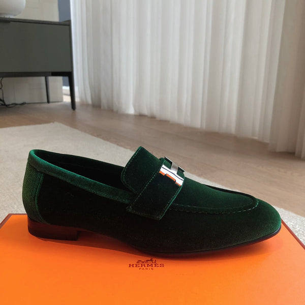 Paris Loafer Green Velvet Fabric With Silver Signature Buckle 509393