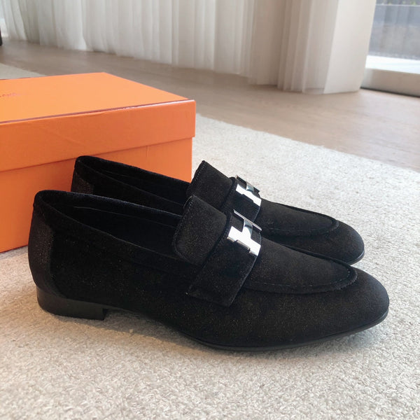 Paris Loafer Black Velvet Fabric With Silver Signature Buckle 509395