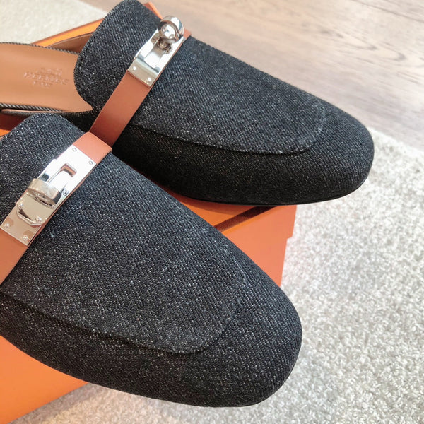 HM OZ Mule Denim Black Brown Cowhide 756853