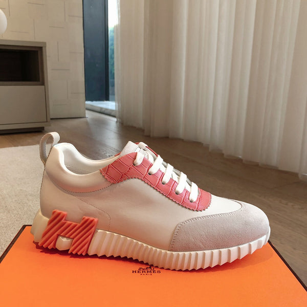 HM Bouncing Sneakers White Pink Suede Embossed Sheepskin 705791