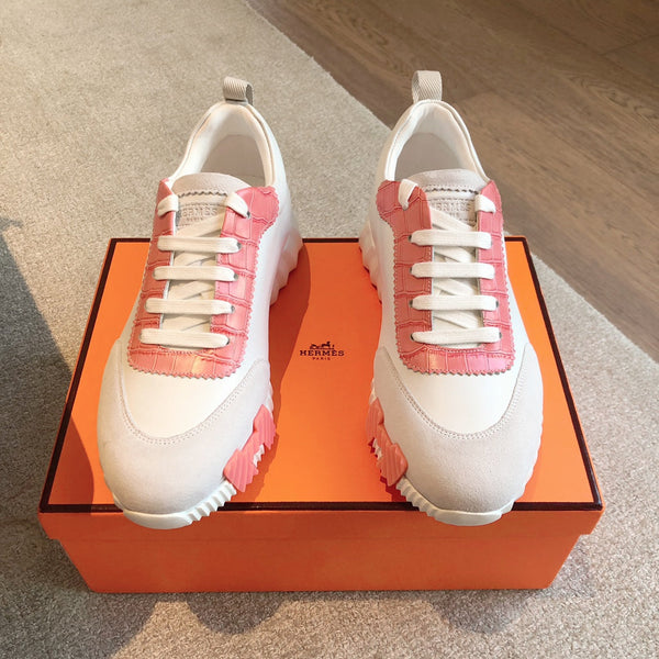 HM Bouncing Sneakers White Pink Suede Embossed Sheepskin 705791