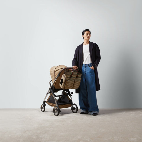 BORSA PER PANNOLINI 40 CON RETE IN TELA BEIGE ED EBANO MIX BROWN IN PELLE DI VITELLO