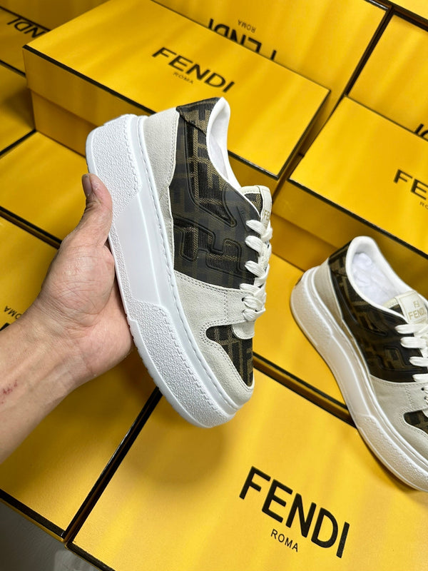 FENDI THICK-SOLDED SNEAKER IN WHITE SUEDE AND BROWN MONOGRAM FABRIC