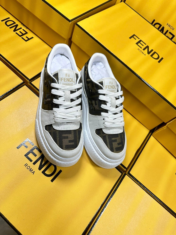 FENDI THICK-SOLDED SNEAKER IN WHITE SUEDE AND BROWN MONOGRAM FABRIC