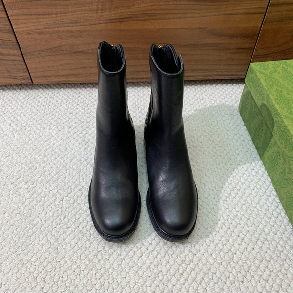 GG Riding Ankle Boots Black Monogram Embossed Cowhide 473642