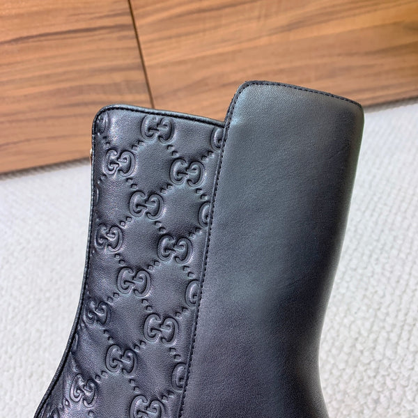 GG Riding Ankle Boots Black Monogram Embossed Cowhide 473642
