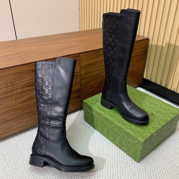 GG Riding Long Boots Black Monogram Embossed Cowhide 473643