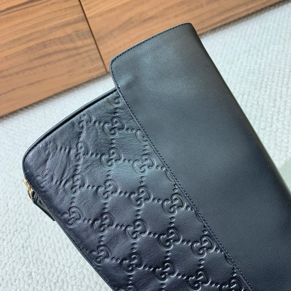GG Riding Long Boots Black Monogram Embossed Cowhide 473643