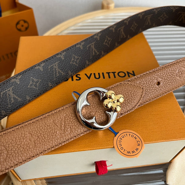 LV Flowergram Round 30mm Reversible Belt Brown Empreinte Calfskin
