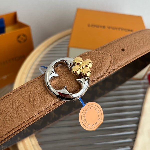 LV Flowergram Round 30mm Reversible Belt Brown Empreinte Calfskin