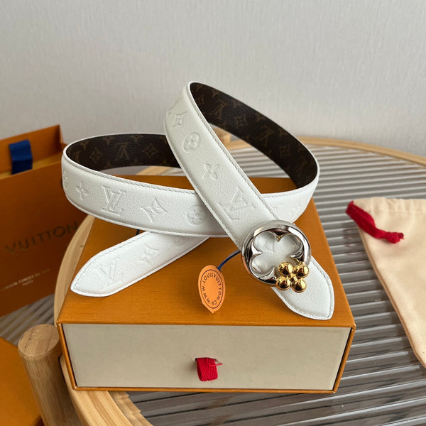LV Flowergram Round 30mm Reversible Belt White Brown Empreinte Calfskin