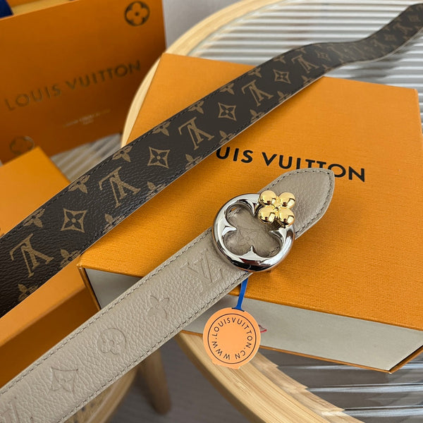 LV Flowergram Round 30mm Reversible Belt Grey Brown Empreinte Calfskin