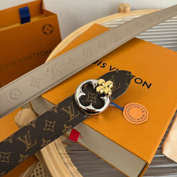 LV Flowergram Round 30mm Reversible Belt Grey Brown Empreinte Calfskin