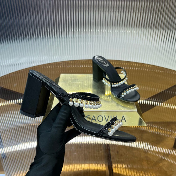 RC Gold Buckle Pearl Crystal Lamp Pendant Sandals 7.5 Black Sheepskin 174996