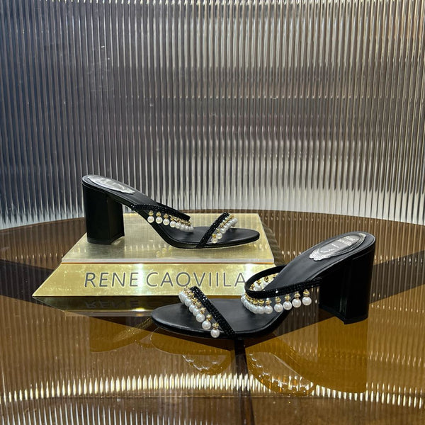 RC Gold Buckle Pearl Crystal Lamp Pendant Sandals 7.5 Black Sheepskin 174996