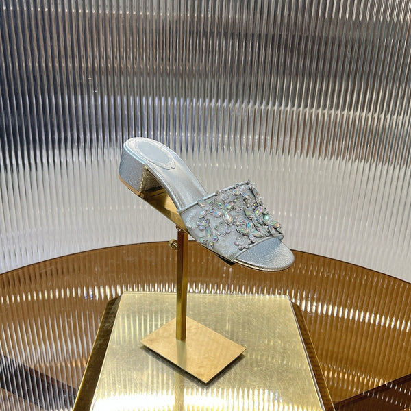 RC 25 Butterfly Flower Rhinestone Satin Sandals Silver Sheepskin 242919