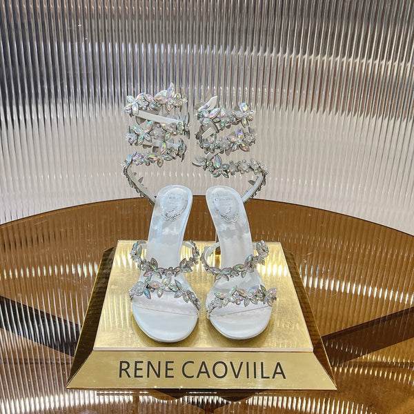 RC 25C Butterfly Flower High Heels Sandals White Sheepskin Rhinestone 281975