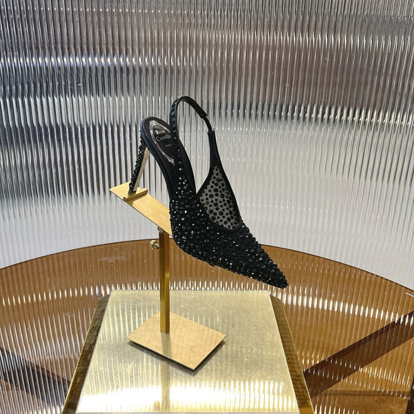 RC Slingback Shoes Black Rhinestone Sheepskin 281981