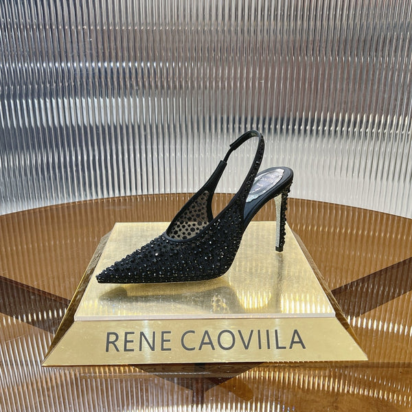 RC Slingback Shoes Black Rhinestone Sheepskin 281981