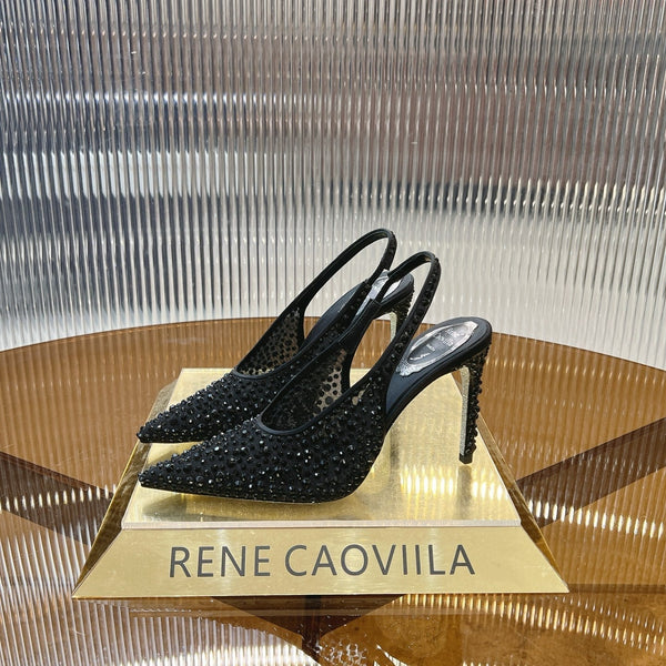 RC Slingback Shoes Black Rhinestone Sheepskin 281981