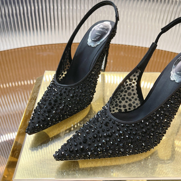 RC Slingback Shoes Black Rhinestone Sheepskin 281981