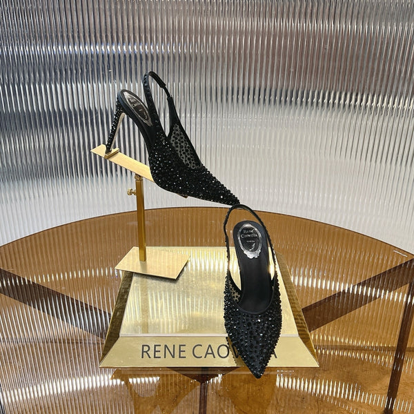 RC Slingback Shoes Black Rhinestone Sheepskin 281981