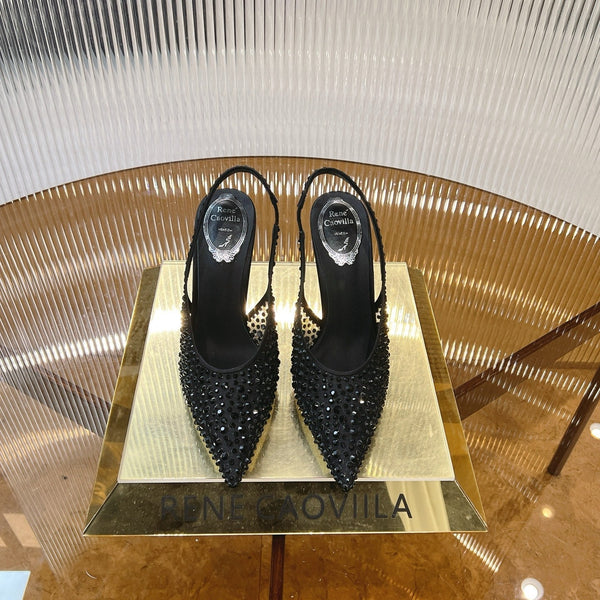 RC Slingback Shoes Black Rhinestone Sheepskin 281981