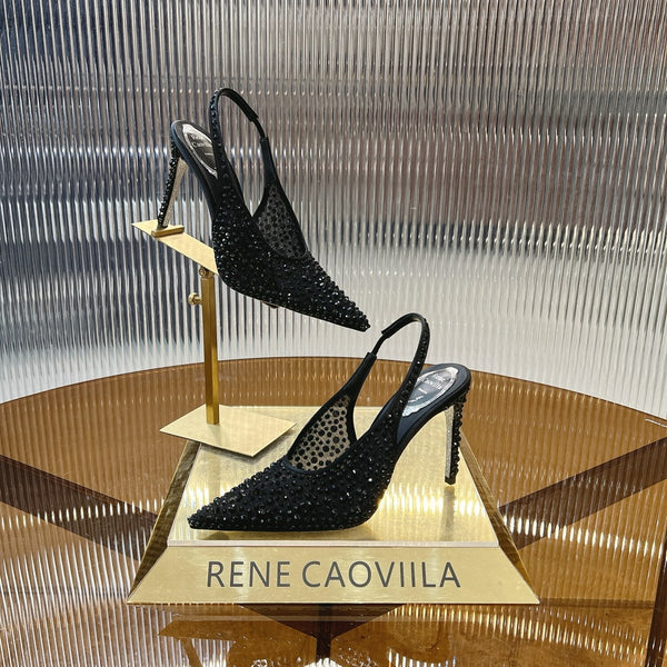 RC Slingback Shoes Black Rhinestone Sheepskin 281981