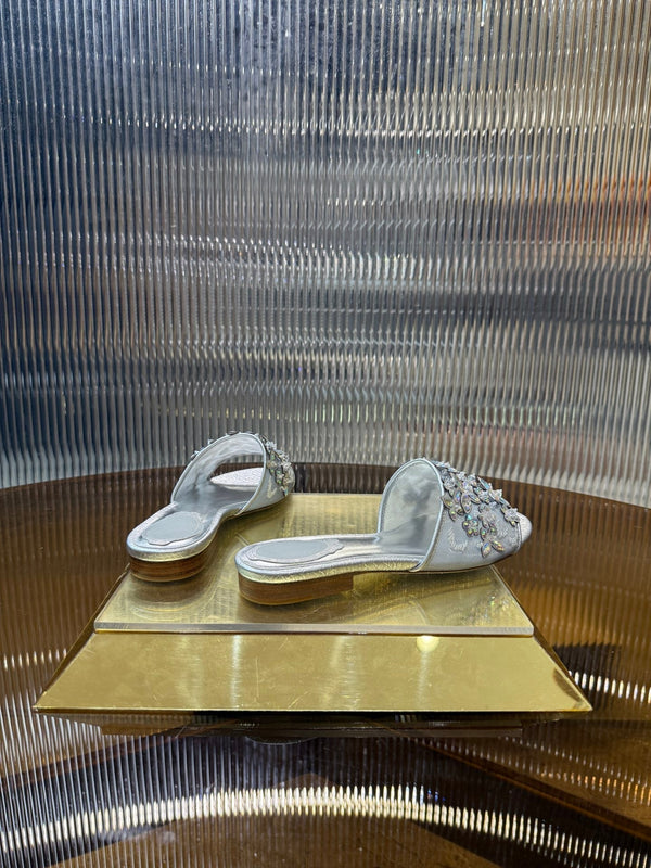 RC 25C Butterfly Flower Flat Sandals Slippers Sliver Sheepskin Rhinestone 275770