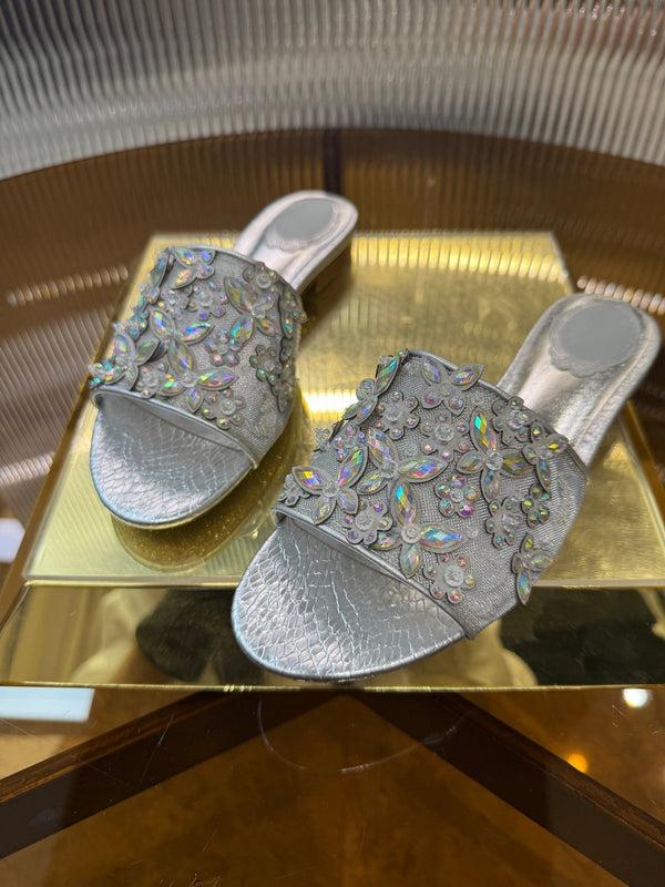 RC 25C Butterfly Flower Flat Sandals Slippers Sliver Sheepskin Rhinestone 275770