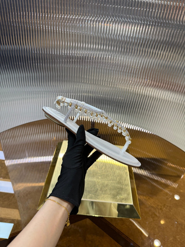 RC 25C Thong Diamond Flat Sandals White Silk Rhinestone 275772