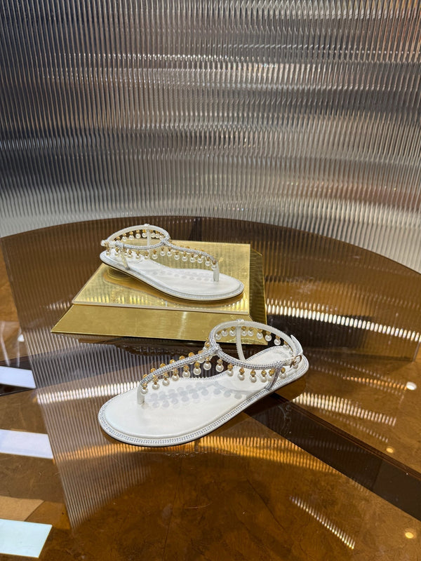 RC 25C Thong Diamond Flat Sandals White Silk Rhinestone 275772