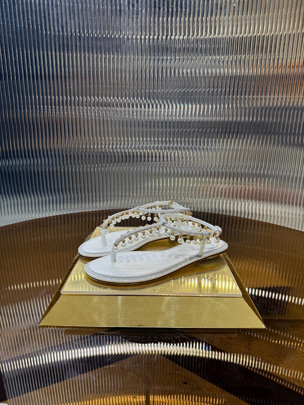 RC 25C Thong Diamond Flat Sandals White Silk Rhinestone 275772