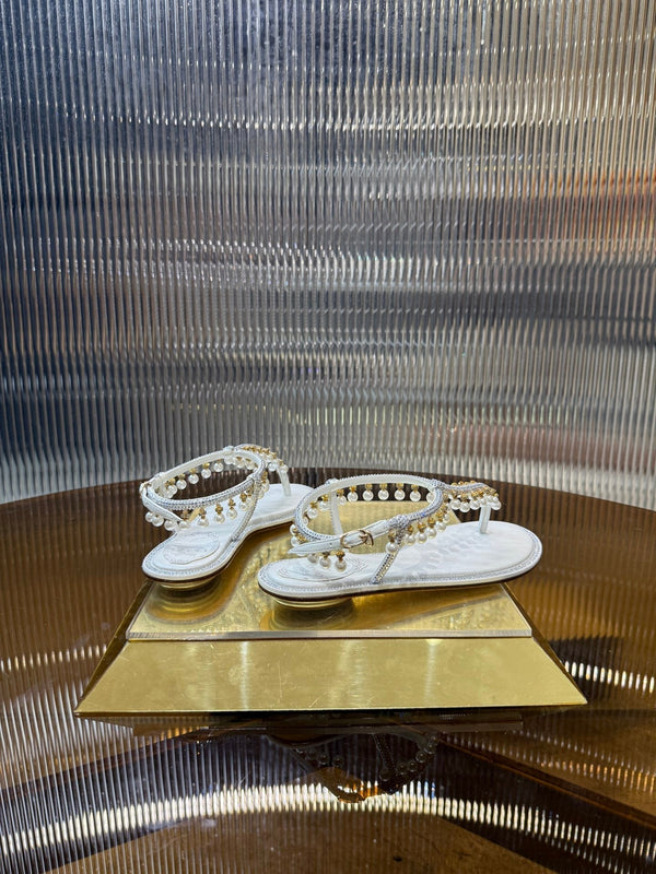 RC 25C Thong Diamond Flat Sandals White Silk Rhinestone 275772