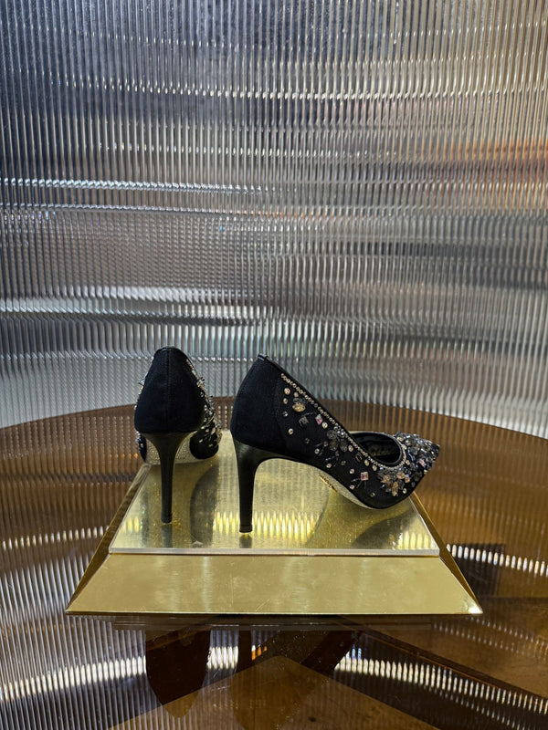 RC 25C Crystal Pearl Gem Lace High Heels Black Sheepskin 275754