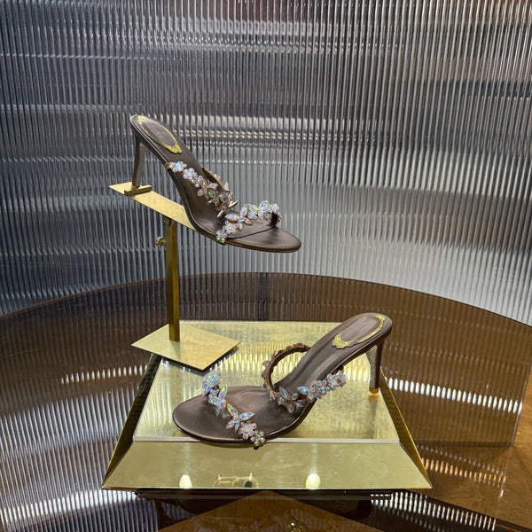 RC 25C Butterfly Flower Slippers Brown Sheepskin Rhinestones 310658