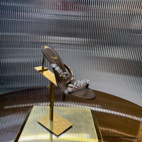 RC 25C Butterfly Flower Slippers Brown Sheepskin Rhinestones 310658