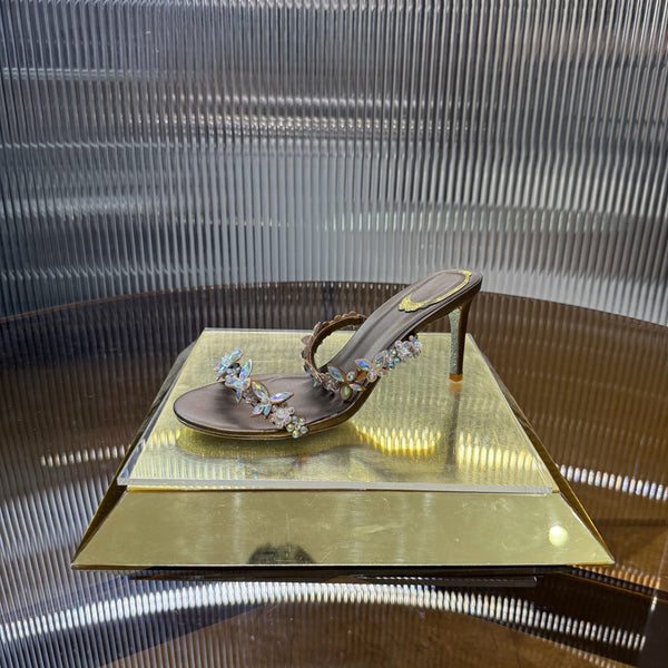 RC 25C Butterfly Flower Slippers Brown Sheepskin Rhinestones 310658