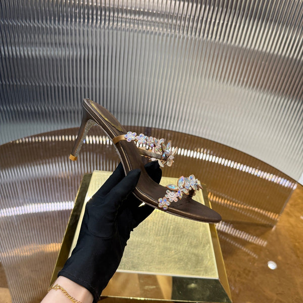 RC 25C Butterfly Flower Slippers Brown Sheepskin Rhinestones 310658