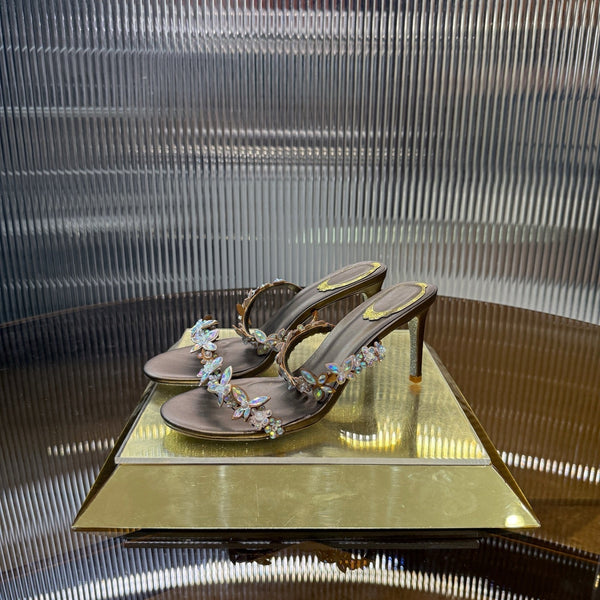 RC 25C Butterfly Flower Slippers Brown Sheepskin Rhinestones 310658