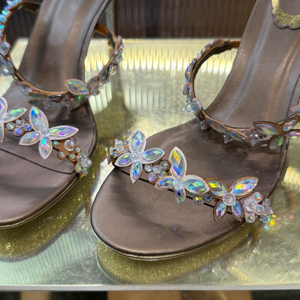 RC 25C Butterfly Flower Slippers Brown Sheepskin Rhinestones 310658