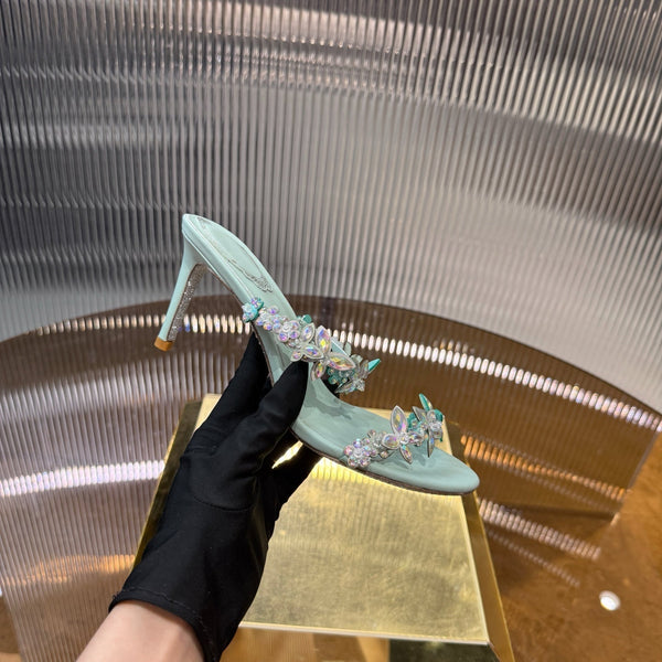 RC 25C Butterfly Flower Slippers Green Sheepskin Rhinestones 310657