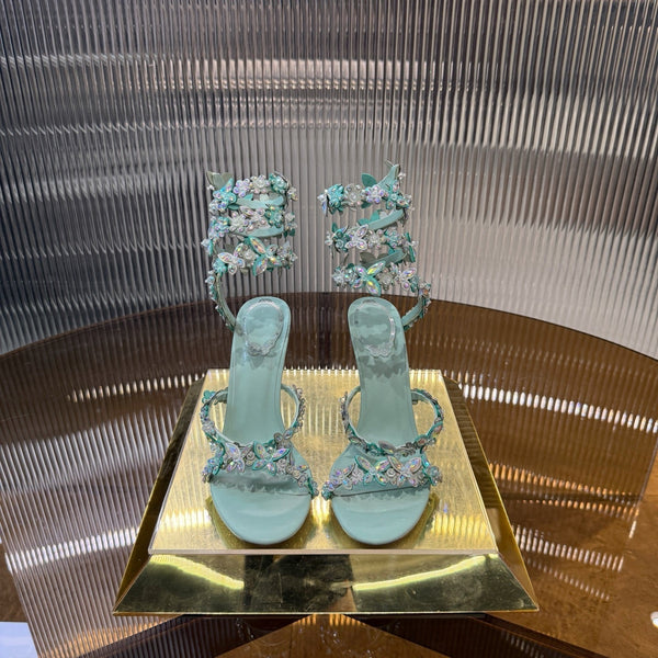 RC 25C Sandali con fiori a farfalla in pelle di pecora verde con strass 310659