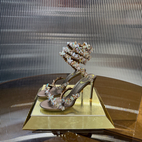 RC 25C Sandali con fiori a farfalla in pelle di pecora marrone con strass 310660